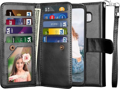 NJJEX for Galaxy S8 Wallet Case, for Samsung Galaxy S8 Case, PU Leather [9 Card Slots] ID Credit Card Holder Folio Flip Cover [Detachable] [Kickstand] Magnetic Phone Case & Wrist Lanyard - Black in Saudi Arabia