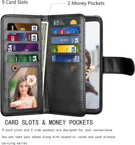 NJJEX for Galaxy S8 Wallet Case, for Samsung Galaxy S8 Case, PU Leather [9 Card Slots] ID Credit Card Holder Folio Flip Cover [Detachable] [Kickstand] Magnetic Phone Case & Wrist Lanyard - Black in Saudi Arabia