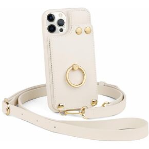 LAMEEKU Designed for Apple iPhone 14 Pro Wallet Case with MagSafe, Leather Case with Card Holder, 360°Rotation Ring Kickstand, Crossbody case with Strap for Women for iPhone 14 Pro Case 6.1'' Beige