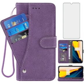 Asuwish متوافق مع جراب محفظة OnePlus 7T وواقي شاشة من الزجاج المقسى وغطاء قلاب من مادة TPU وحامل بطاقات الائتمان وحافظات الهاتف الخلوي لهاتف OnePlus7t 5G One Plus7T 1 Plus T7 1plus + 1+ 1+7T أرجواني