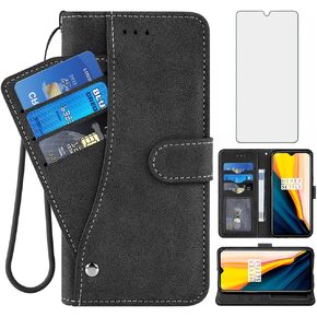 Asuwish Compatible with OnePlus 7T Wallet Case and Tempered Glass Screen Protector TPU Flip Cover Credit Card Holder Stand Cell Phone Cases for OnePlus7t 5G One Plus7T 1 Plus T7 1plus + 1+ 1+7T Purple