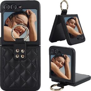 for Samsung Galaxy Z Flip 6 Case with Ring Holder, Soft Rhomboid PU Leather [Hinge Protection] Durable Anti-Scratch Shockproof Slim Cover Case for Samsung Galaxy Z Flip6 ZXF-Black