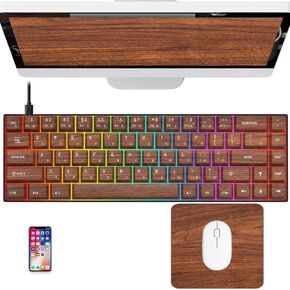Wood grain Japanese Keycaps 65 Percent Mechanical Gaming Keyboard RGB Gaming Keyboard with Quiet White Switch Wired Keyboard with Mouse Pad (wood grain keyboard)
