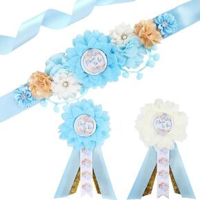 Boho Baby Shower Maternity Sash Kit - Pink Neutral Baby Shower Belly Belt and Mom to Be & Dad to Be Corsage Pins, New Parents Pregnancy Photo Props Party Supplies