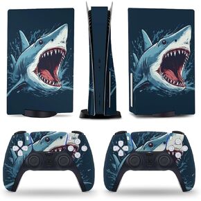 Shark Blue Big Mouth 5 Skin Console and Controller Accessories Cover Skins Anime Vinyl Cover Sticker Full Set for 5 Disc Edition