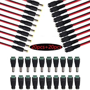 (Real 20AWG 43x2pcs Copper Strands) 10 Pairs DC Power Pigtail Cables Wire 12V 5A Male & Female + 10 Pairs DC Power Jack Plug Adapter Connectors for CCTV Home Security Surveillance (2.1mm x 5.5mm)