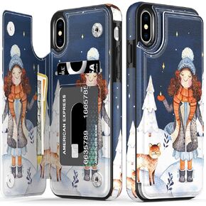 LETO for iPhone X Case,iPhone Xs Case,Leather Wallet Case with Fashionable Designs for Girls Women,Flip Folio Cover with Card Slots Kickstand,Protective Phone Case for X/Xs A Girl and Cat