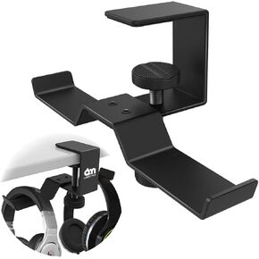 6amLifestyle Under Desk Dual Headphone Hanger, Metal Headset Stand Gaming Earphone Holder Universal Clamp on Desk Hanger Hook for All Headsets, Black (Patent)