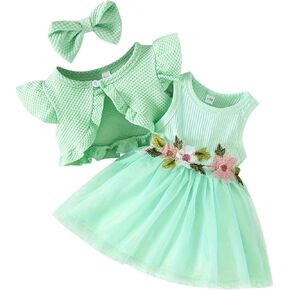 IDOPIP Baby Girls Tutu Dress Cardigan Headband 3 Pieces Elegant Embroidery Outfit Princess Baptism Ball Gown Pageant Dress