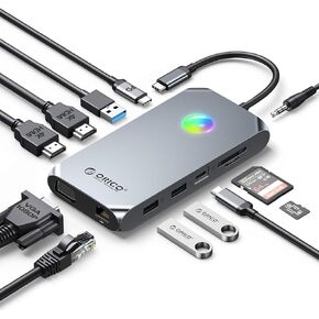 Docking Station USB C to Dual HDMI Adapter, ORICO 12 in 1 RGB USB C Hub with Dual HDMI, VGA, 100W PD, Ethernet, 4 USB Ports, SD/TF, Audio, 14 RGB Lighting Modes, Compatible for Windows/Mac OS（Grey）