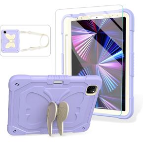 for iPad Air 5th Generation Case iPad Pro 11 inch Case 4th 3rd for Kids Girls with Screen Protector, Butterfly Kickstand, Shoulder Strap, Pencil Holder Cover for iPad Air 4th Gen 10.9'' Purple