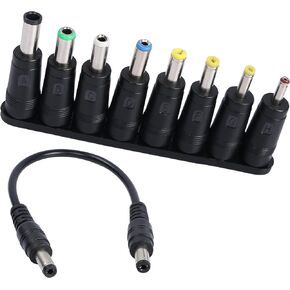 QIANRENON 8-in-1 Universal DC Power Adapter Converter Multi-Gauge DC Power Supply Plug 5.5mm x 2.1mm Female to Male Adapter with DC 5.5 x2.1mm Black Tuning Fork Cable (22cm)