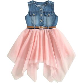 2PCS Baby Girls Irregular Lace Dress Sleeveless Metal Button Denim Top Tulle Tutu Skirts + Belt