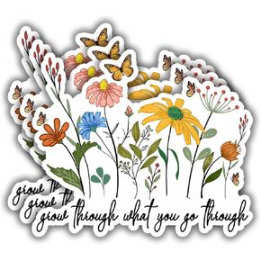 (3 pcs) Grow Through What You Go Through Motivational Sticker Floral for Tumbler, Funny Sarcastic Phrase Inspirational Quote Vinyl Decal for Kindle Laptop Water Bottle Phone Hard Hat - 3x2.6"