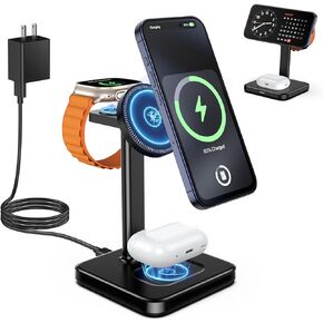 3 in 1 Wireless Charging Station for Apple Devices, Mag - Safe Charger, 15W Magnetic Charger Stand iPhone 15 14 13 12 Pro Max/Pro/Plus/Mini, 5W Charger for iWatch, Airpods (Black)