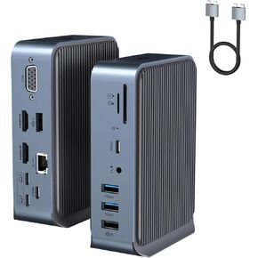 15 in 2 USB C Adapter, Dual Monitor USB C HUB, USB C Docking Station, with 2 HDMI, VGA,4 USB A, 2 USB C, USB C 3.0, Ethernet, 100W PD, Audio, SD/TF Card Readers ports for Laptop and more