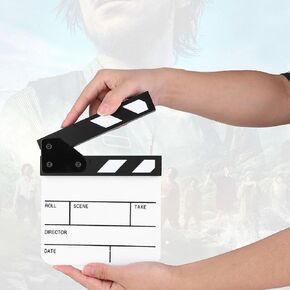 Movie Film Clap Board, Mini Acrylic Director Scene Clapperboard Photography Studio Video Tv Cut Action Film Cut Prop Scene Clapper with Give Away Erasable Pen (Black and White