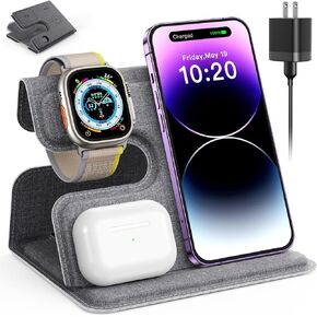 Fabric Travel 3 in 1 Charging Station for Apple Charging Station for Multiple Devices for Apple Watch Charger, Wireless Charger for iPhone 15 14 13 12 11 X 8, for AirPods Foldable