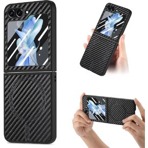 Ysnzaq Carbon Fiber Case for Samsung Galaxy Z Flip 6, Glass Screen Protector, Compatible with Wireless Charging, Phone Case for Samsung Galaxy Z Flip6 SDFG Black