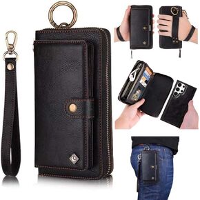 LITOU Compatible for Samsung Galaxy S24 Phone Case Wallet for Women Men, Card Holder Magnetic Detachable Wristlets Clutch Zipper Leather Wallet Flip Case for Galaxy S24.BF