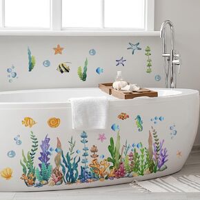 Runtoo Under The Sea Wall Decals Coral Reef and Seaweed Wall Stickers Creature Sea Life Fish Ocean Grass Wall Decor for Bathroom Kids Bedroom Baby Nursery