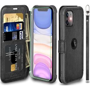 VANAVAGY متوافق مع حافظة محفظة iPhone 11 للنساء والرجال، غطاء جلدي قابل للطي RFID مع معصم يدعم الشحن اللاسلكي مع حامل البطاقة وواقي شاشة زجاجي، بورجوندي