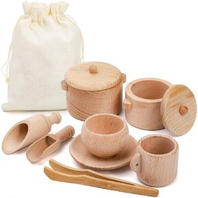 Hiceeden Set of 9 Wooden Sensory Bin Tools for Toddler and Kids, Sensory Scoops and Tongs Toys with Bag, Waldorf Montessori Toys for Fine Motor Skill Learning