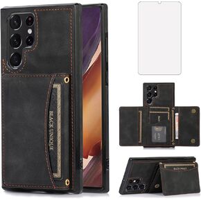 Design for Samsung Galaxy S22 Ultra Wallet Case with Tempered Glass Screen Protector PU Leather Credit Card Holder Slot Phone Cases Kickstand Shockproof Protective Cover for Men 6.7 inch Black