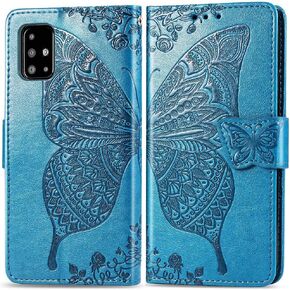 MEUPZZK for Samsung Galaxy A51 4G Wallet Case [Non 5G Version], Embossed Butterfly Premium PU Leather [Folio Flip] [Kickstand] [Card Slots] [Wrist Strap] [6.5 inch] Cover for Samsung A51 4G (A-Blue)