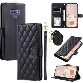 Furiet Wallet Case for Samsung Galaxy Note 9 with Detachable Wrist Strap Shoulder Strap, Multiple Card Slots Folio Purse, PU Leather Stand Accessories Cell Phone Cover for Note9 Not S9 Women Men Black