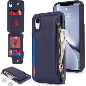 Cavor for iPhone Xr Case with Card Holder,iPhone Xr Wallet Case for Women Men,Phone Case iPhone Xr Case with Wallet,Leather Magnetic Clasp Zipper Pocket Card Slots Cover-Black