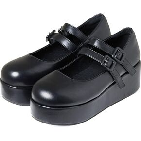 أحذية ماري جين ذات نعل سميك للنساء والفتيات، حزام للكاحل بمقدمة مستديرة، فستان موحد مكتنز، حذاء أوكسفورد أسود US7 in Kuwait