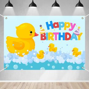 Cute Cartoon Little Yellow Duck Happy Birthday Banner Backdrop Gender Reveal Ducky Duck Baby Shower Newborn Kids Boys Girls Birthday Party Photo Booth Favors Decorations Supplies 70.8x47.2in-BECKTEN