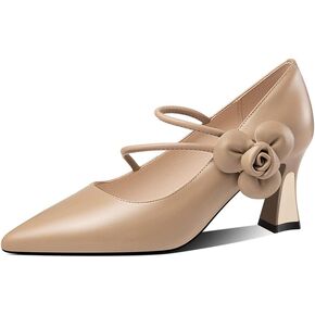 TinaCus Women's Pointed Toe Genuine Leather Handmade Flower Décor Mid Chunky Heels Graceful Pumps Shoes