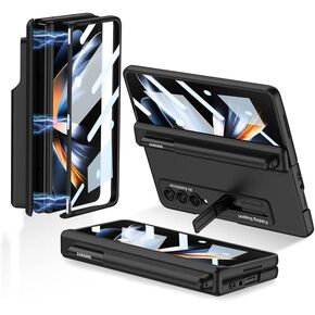 for Samsung Galaxy Z Fold 4 Case with S Pen, Z Fold 4 Stylus Pen with Pen Holder & Adjustable Kickstand & Front Screen Protector All-inclusive Protective Case for Galaxy Z Fold 4 (Black)