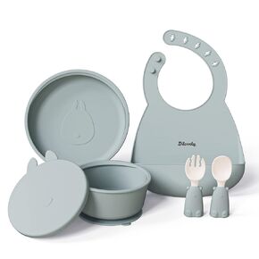 Baby Led Weaning Supplies, Silicone Feeding Utensils Set, Babies Plates and Bowls Set, Suction Baby Bowl Plate with Adjustable Bibs and Training Spoon Fork - 6 Pcs BPA Free Green - Dilovely