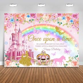 Mocsicka Princess Happy Birthday Backdrop Pink Royal Castle Carriage Floral Birthday Backdrop Princess Theme Girl Birthday Party Decorations Banner Photo Studio Props (5x3ft)