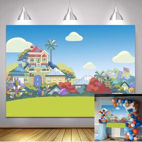 7x5ft Blue Dog Theme Photography Backdrop Cartoon Sky Building Background Supplies Kids Boys Birthday Party Decorations Banner Photo Booth Props