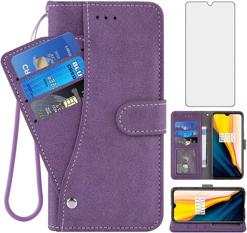 Asuwish Compatible with OnePlus 7T Wallet Case and Tempered Glass Screen Protector TPU Flip Cover Credit Card Holder Stand Cell Phone Cases for OnePlus7t 5G One Plus7T 1 Plus T7 1plus + 1+ 1+7T Purple in Kuwait