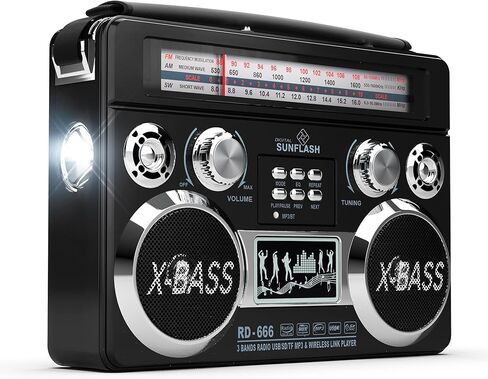 RD-666 ريترو AM/FM/SW راديو محمول قابل لإعادة الشحن بثلاثة نطاقات مع بلوتوث Boombox، ضوء فلاش، USB/SD/MicroSD/AUX متوافق مع أجهزة الكمبيوتر التي تعمل بنظام Windows وiPhone وAndroid وSamsung (أسود) in Kuwait