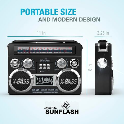 RD-666 ريترو AM/FM/SW راديو محمول قابل لإعادة الشحن بثلاثة نطاقات مع بلوتوث Boombox، ضوء فلاش، USB/SD/MicroSD/AUX متوافق مع أجهزة الكمبيوتر التي تعمل بنظام Windows وiPhone وAndroid وSamsung (أسود) in Kuwait