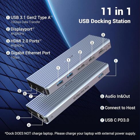 محطة إرساء محور USB C 11 في 1 مع شاشة عرض متعددة لـ D-ell وHua-wei وLe-novo - تتضمن كابلات 2 C إلى C وC إلى A، و2 * 4K HDMI، و2 * 4K DP، و3 * 10 جيجابت في الثانية USB- أ، إيثرنت، بي دي، مقبس 3.5 ملم in Kuwait