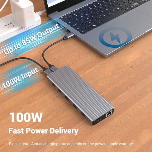 محطة إرساء محور USB C 11 في 1 مع شاشة عرض متعددة لـ D-ell وHua-wei وLe-novo - تتضمن كابلات 2 C إلى C وC إلى A، و2 * 4K HDMI، و2 * 4K DP، و3 * 10 جيجابت في الثانية USB- أ، إيثرنت، بي دي، مقبس 3.5 ملم in Kuwait