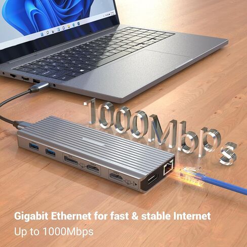 محطة إرساء محور USB C 11 في 1 مع شاشة عرض متعددة لـ D-ell وHua-wei وLe-novo - تتضمن كابلات 2 C إلى C وC إلى A، و2 * 4K HDMI، و2 * 4K DP، و3 * 10 جيجابت في الثانية USB- أ، إيثرنت، بي دي، مقبس 3.5 ملم in Kuwait