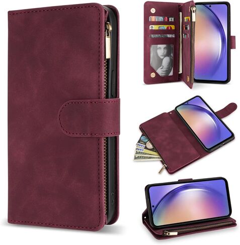 ZZXX Samsung Galaxy A54 5G Wallet Case with RFID Blocking Card Slot PU Leather Zipper Flip Folio with Strap Kickstand Protective Cover for Samsung Galaxy A54 Phone Case Wallet(Wine Red-6.5 inch) in Saudi Arabia