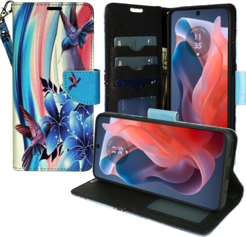 Zase Moto G Power 5G (2024) Wallet Phone Case Purse Protective Premium PU Leather Magnetic Closure w/Kickstand ID Card Slot Wrist Strap Cute Design for Motorola G Power 2024 (Black Pink Butterfly) in Saudi Arabia