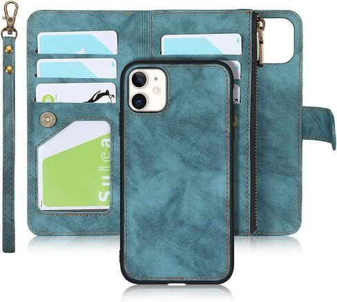 حافظة iCoverCase لهاتف iPhone 11 مع حامل بطاقة وحزام معصم، فتحات بطاقات بمسند من جلد البولي يوريثان وجيب مغناطيسي [قابل للفصل] حافظة قلاب مقاس 6.1 بوصة (أزرق) in Saudi Arabia