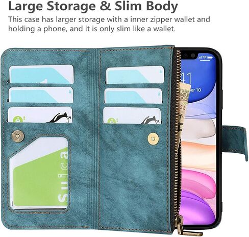 حافظة iCoverCase لهاتف iPhone 11 مع حامل بطاقة وحزام معصم، فتحات بطاقات بمسند من جلد البولي يوريثان وجيب مغناطيسي [قابل للفصل] حافظة قلاب مقاس 6.1 بوصة (أزرق) in Saudi Arabia