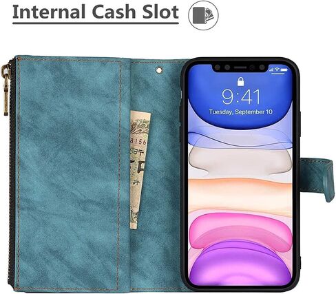 حافظة iCoverCase لهاتف iPhone 11 مع حامل بطاقة وحزام معصم، فتحات بطاقات بمسند من جلد البولي يوريثان وجيب مغناطيسي [قابل للفصل] حافظة قلاب مقاس 6.1 بوصة (أزرق) in Saudi Arabia