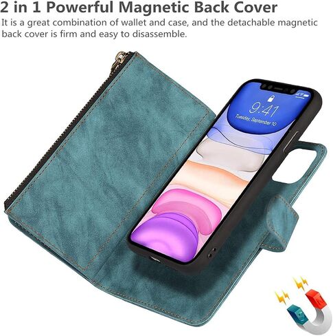 حافظة iCoverCase لهاتف iPhone 11 مع حامل بطاقة وحزام معصم، فتحات بطاقات بمسند من جلد البولي يوريثان وجيب مغناطيسي [قابل للفصل] حافظة قلاب مقاس 6.1 بوصة (أزرق) in Saudi Arabia